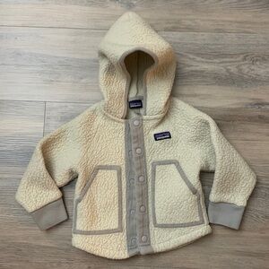 Patagonia Cream Sherpa Hooded Jacket with Tan Trim - Kids